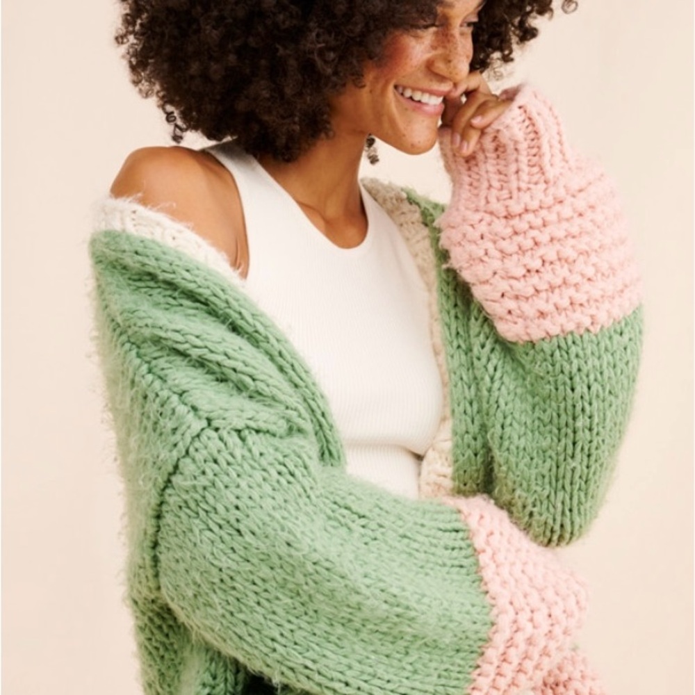 Anthropologie Green and Pink Chunky Knit Cardigan